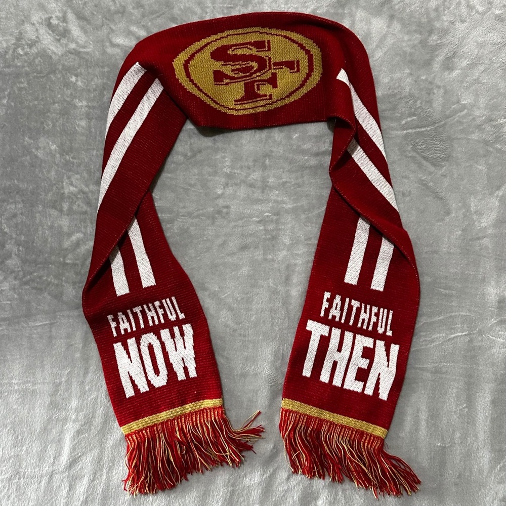 San Francisco 49ers Scarf Red Gold Faithful Then Now Knit Fringe NFL Football